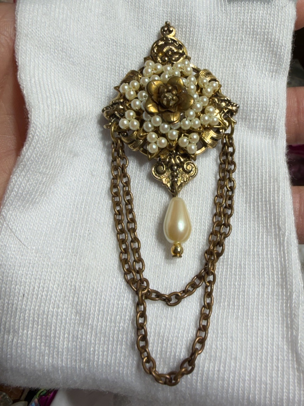 Vintage Victorian Revival Gold Tone Faux Pearl Teardrop Dangle Chain Brooch Pin